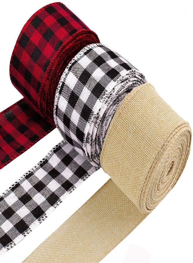 CHICHIC Christmas Ribbon Buffalo Plaid Ribbon Burlap Ribbon Christmas Tree Ribbon Wired for Fall Holiday Garland Gift Wrapping Red Black White Buffalo Check Wired Ribbon, 3 Rolls, 3 x 10 Yards, 2 Inch - Image 1